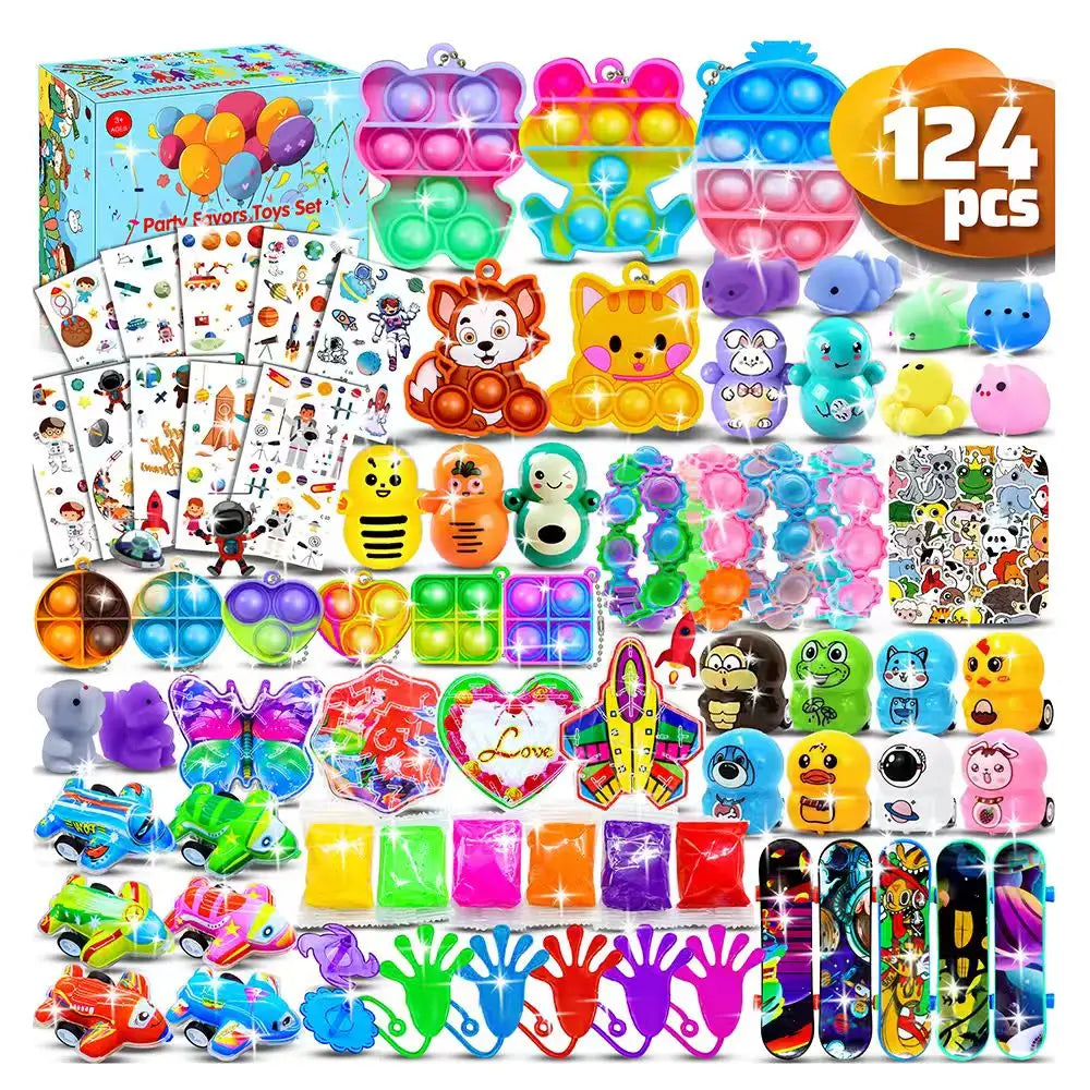 A colorful party pack of sensory fidget toys and stickers for kids featuring various shapes and textures.