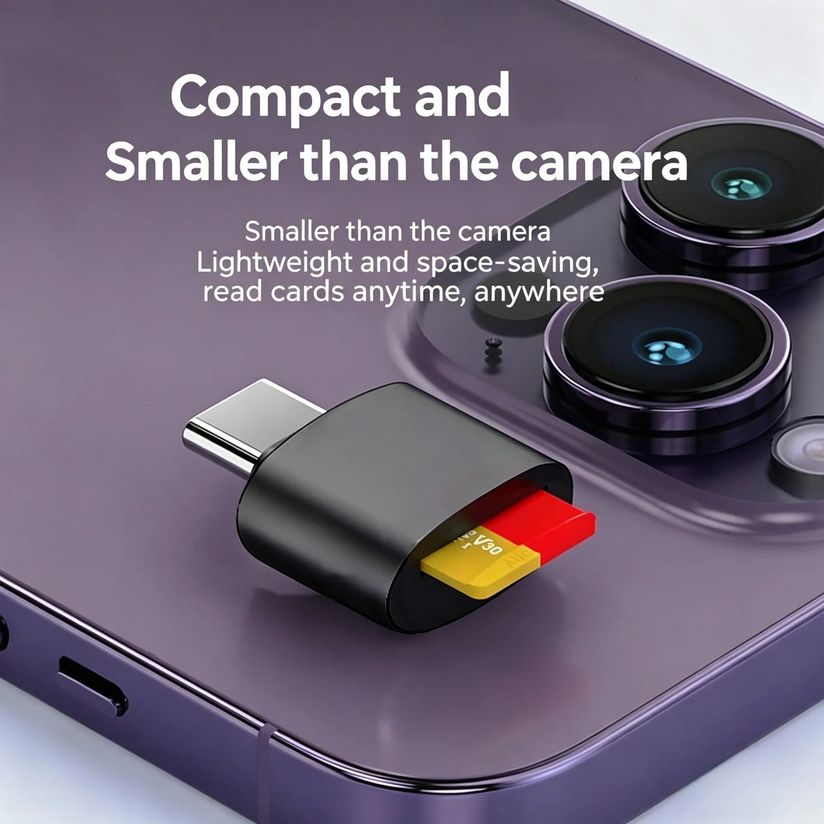 A compact memory card reader with a yellow and red interface is shown on a purple electronic device.