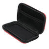 Black portable electronics organizer pouch with a red trim, shown open.