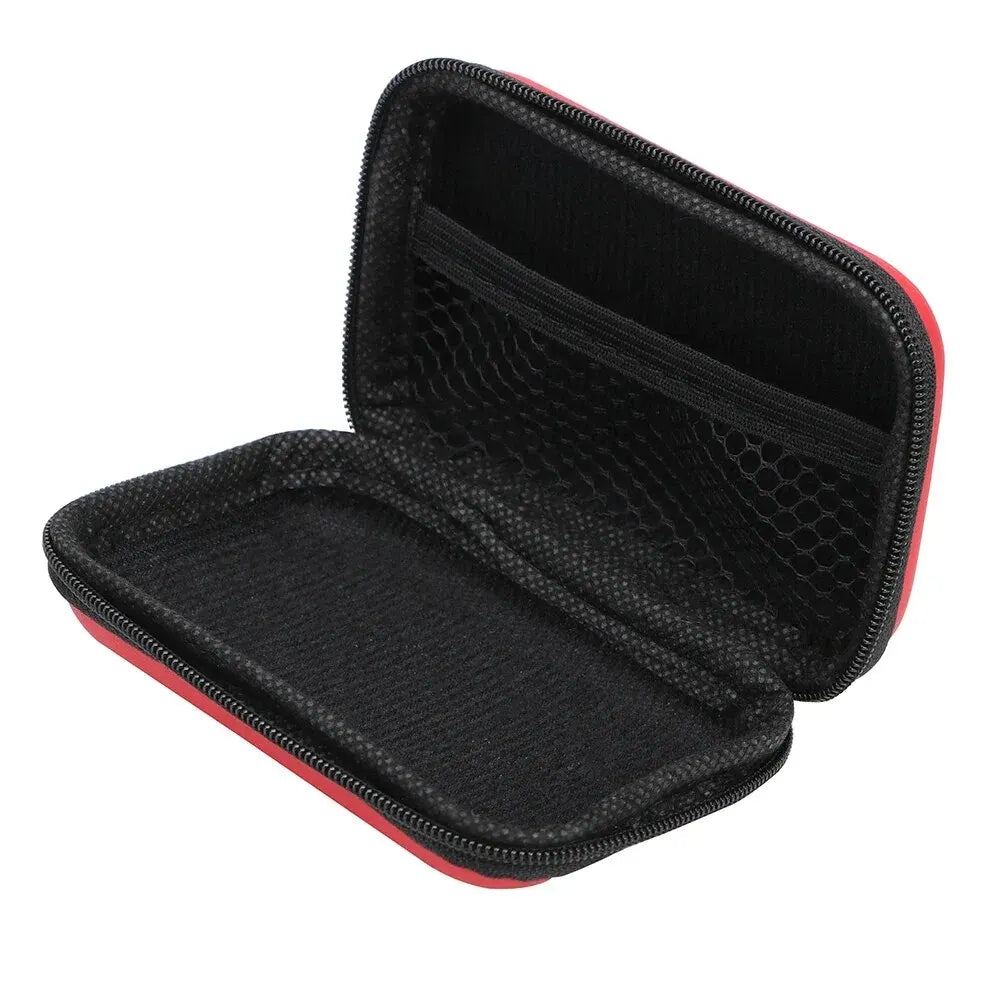 Black portable electronics organizer pouch with a red trim, shown open.