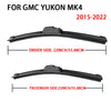 Set of two black windshield wiper blades for a GMC Yukon MK4, showing dimensions for driver and passenger sides.
