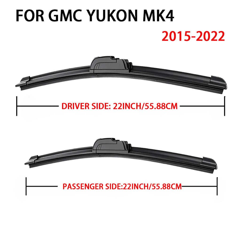Set of two black windshield wiper blades for a GMC Yukon MK4, showing dimensions for driver and passenger sides.