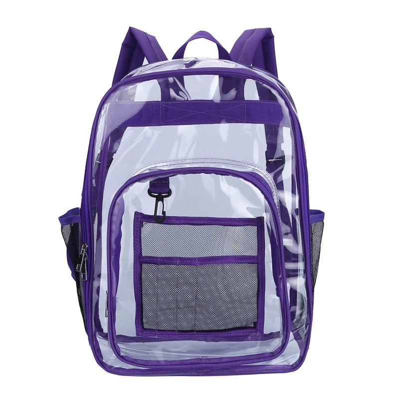 A purple transparent waterproof shoulder bag with a mesh pocket and zipper.