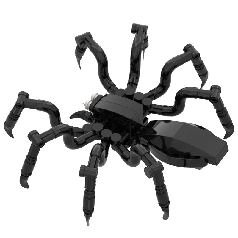 A black spider building block kit for Halloween featuring multiple legs and body parts.