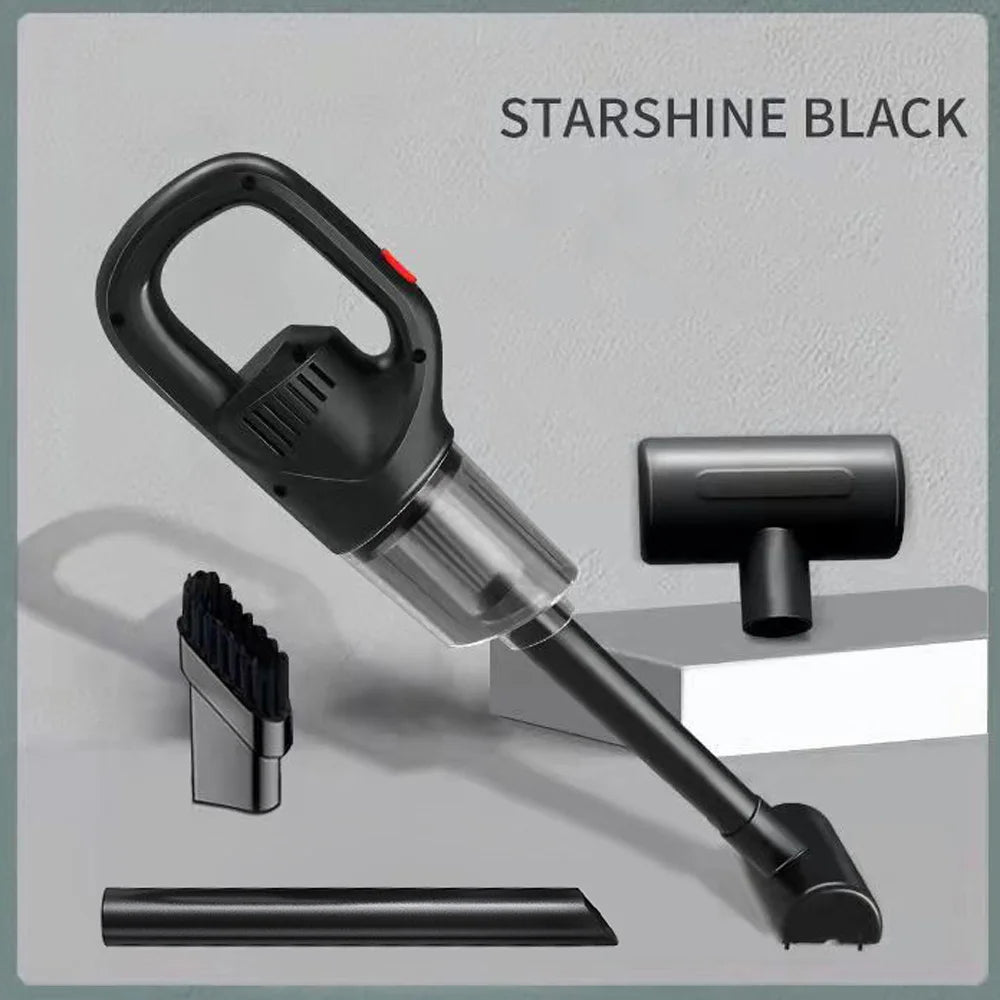A black cordless handheld vacuum cleaner with an extension tube and brush attachments.