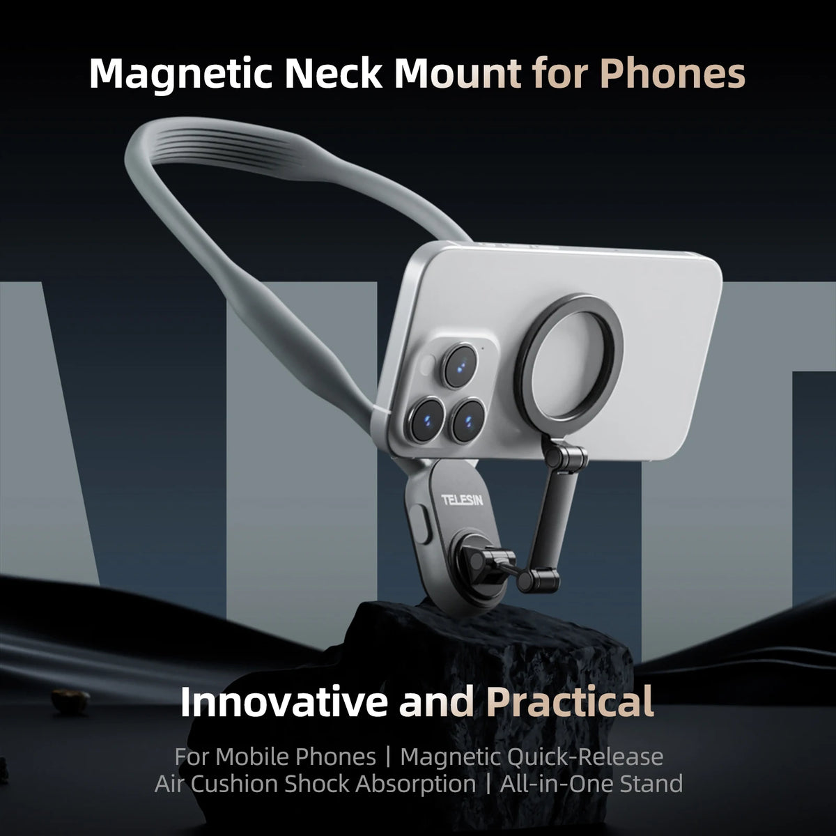 A white magnetic neck mount for a smartphone is shown mounted on a dark surface.