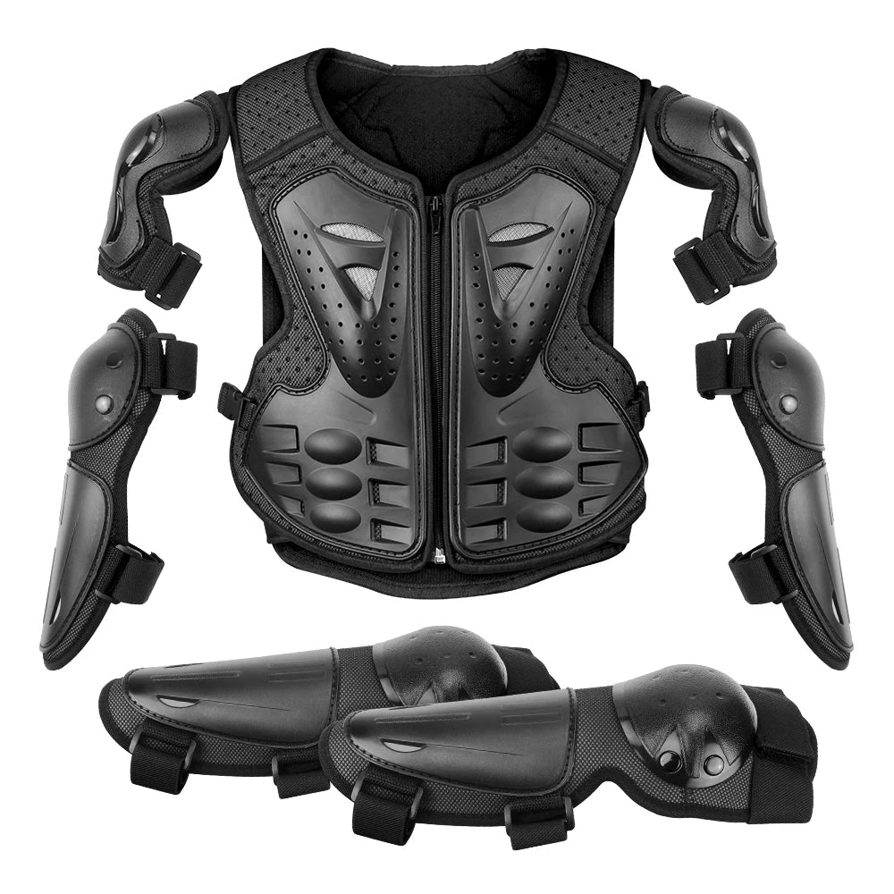 Black kids motocross body armor set including a vest, elbow pads, and knee pads