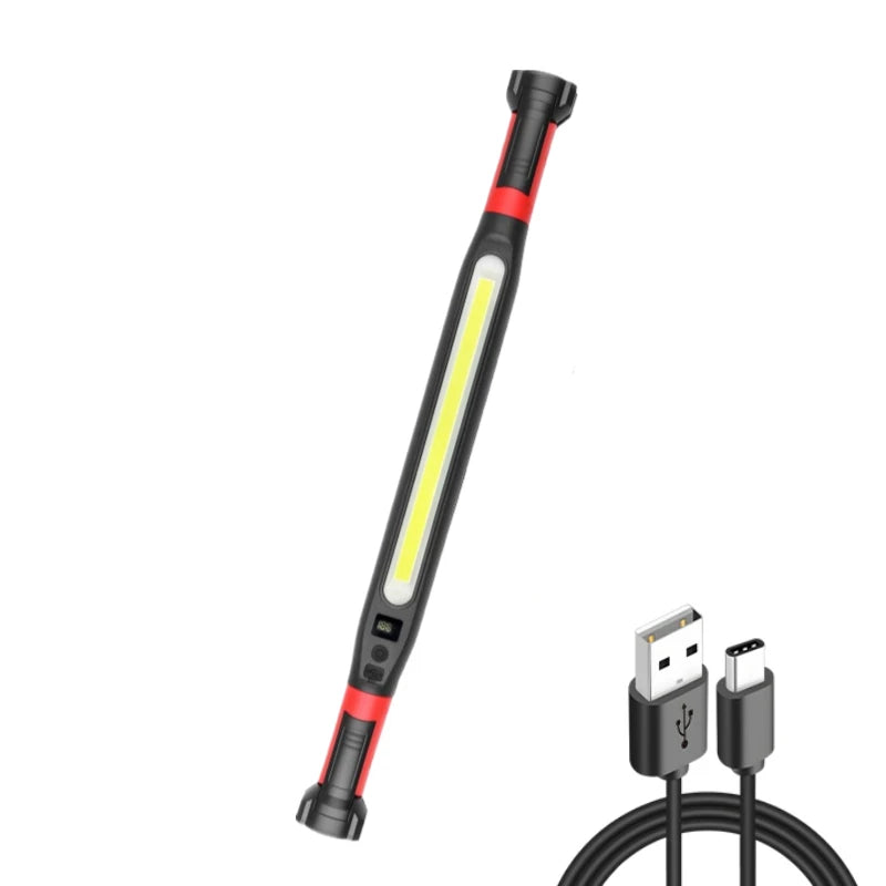 A long, black magnetic rechargeable COB work light with a hook and power bank connector.
