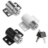 A set of sliding door window locks in silver and black finishes with two keys.