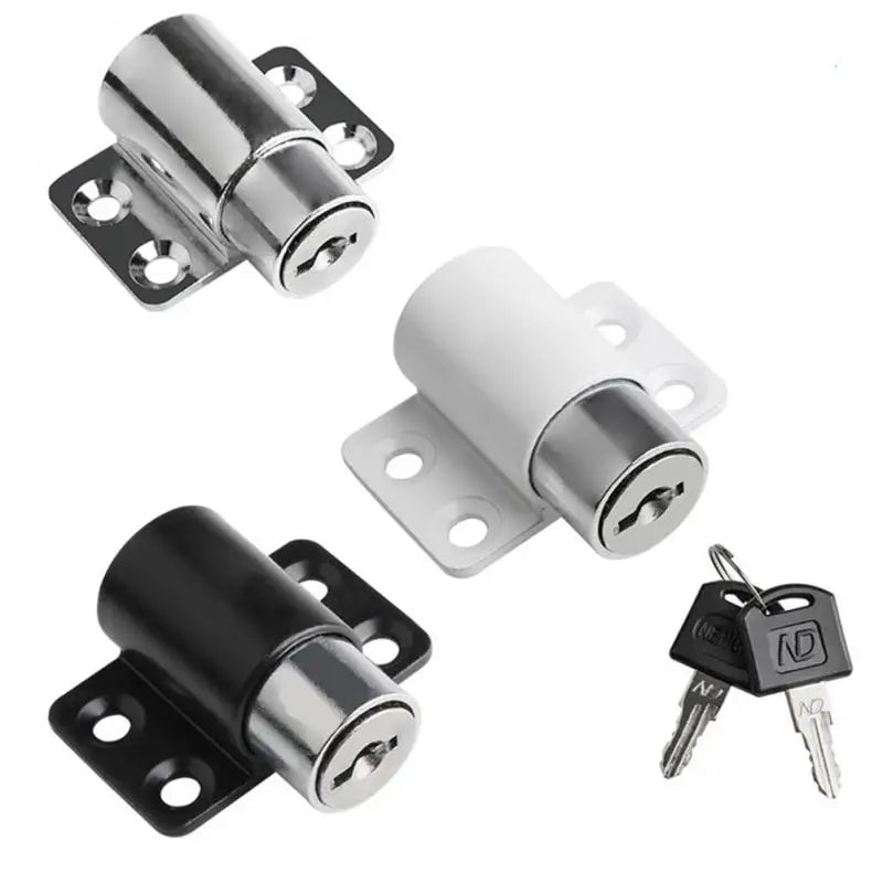 A set of sliding door window locks in silver and black finishes with two keys.