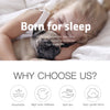 A blonde child is sleeping peacefully under a white duvet, with text promoting sleep quality.