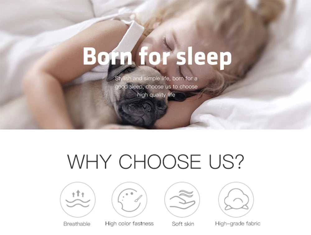 A blonde child is sleeping peacefully under a white duvet, with text promoting sleep quality.