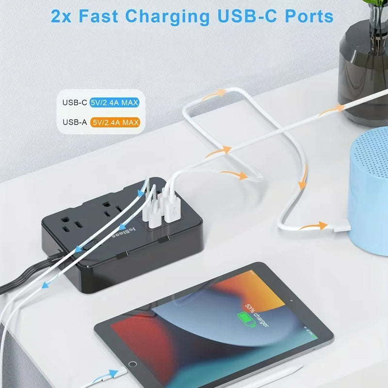 Ultra-Slim Flat Power Strip with 6 Outlets and 4 USB Ports