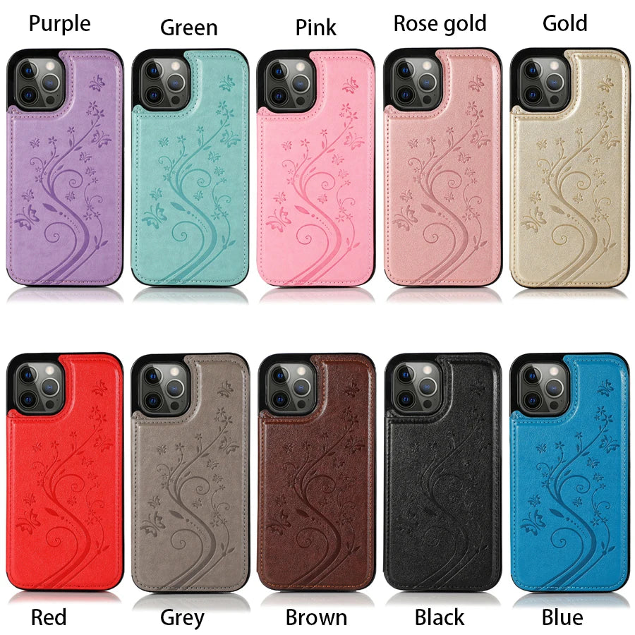 Butterfly Embossed Leather Wallet Case with Magnetic Flip Closure