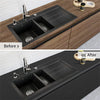 Before and after comparison of a black kitchen sink installation with self-adhesive vinyl film.