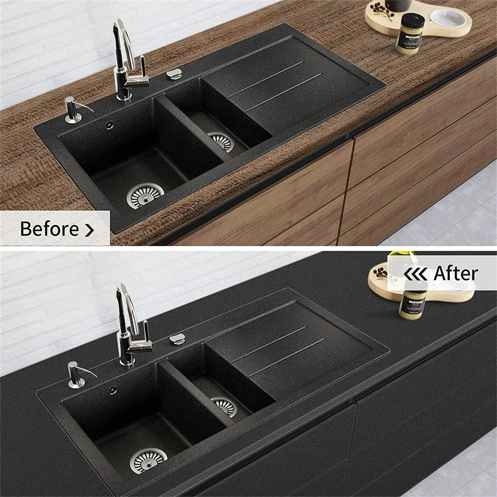 Before and after comparison of a black kitchen sink installation with self-adhesive vinyl film.