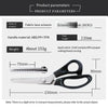 A pair of silver fabric lace scissors with black handles and stainless steel blades for cutting.