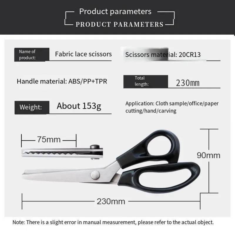 A pair of silver fabric lace scissors with black handles and stainless steel blades for cutting.