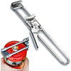 A silver adjustable stainless steel can opener and bottle opener tool shown next to a red can.