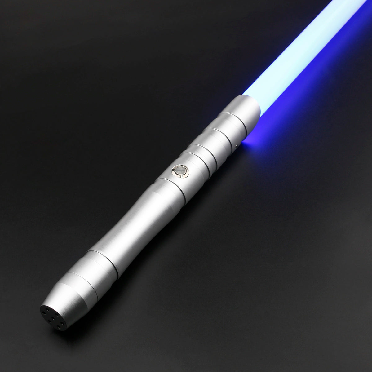A silver lightsaber hilt with a blue laser blade emitting bright light against a dark background.