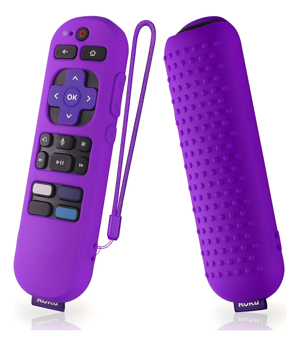 A purple silicone remote cover for a Roku device shown next to the detached cover.