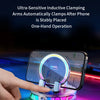 A hand is placing a smartphone onto an electric open-close one-hand operation clamp for instant grab-and-release.