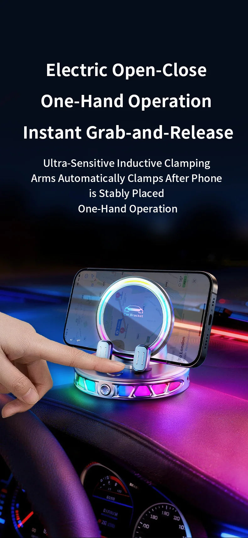 A hand is placing a smartphone onto an electric open-close one-hand operation clamp for instant grab-and-release.