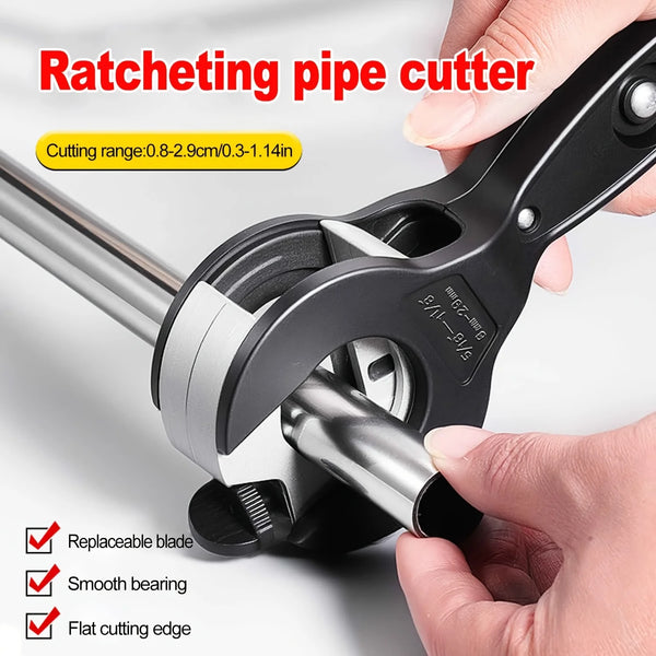 A hand is operating a black ratcheting pipe cutter with a silver blade, demonstrating its smooth bearing and flat cutting edg