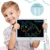 A smiling boy holds an LCD writing tablet with a stylus pen displaying a dinosaur doodle on the screen.