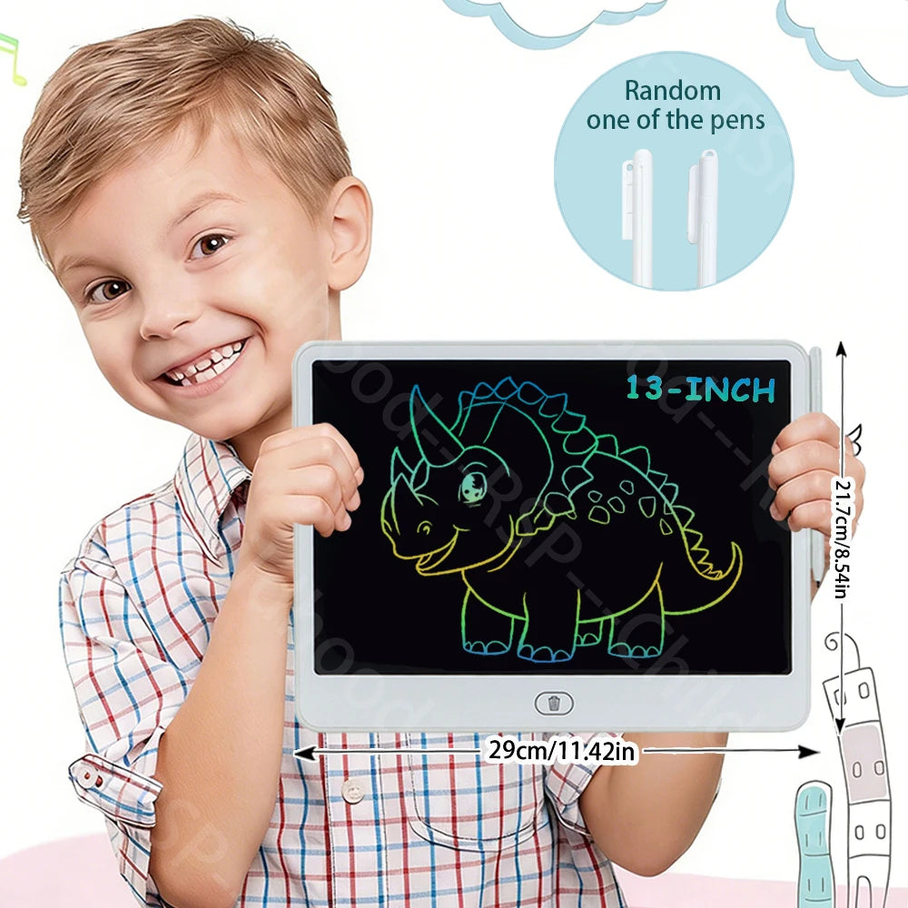 A smiling boy holds an LCD writing tablet with a stylus pen displaying a dinosaur doodle on the screen.