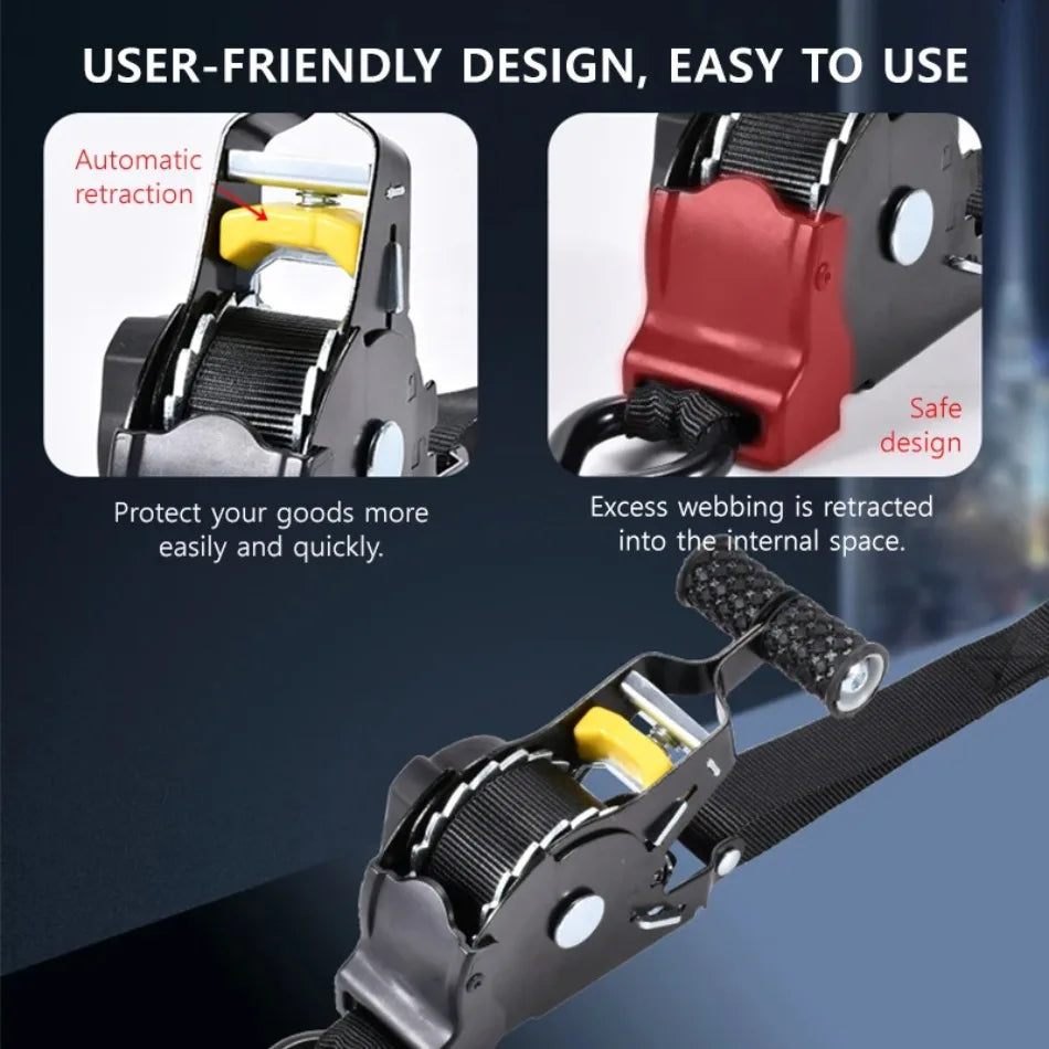 Close-up view of a heavy duty retractable ratchet strap with automatic retraction and safe design features.