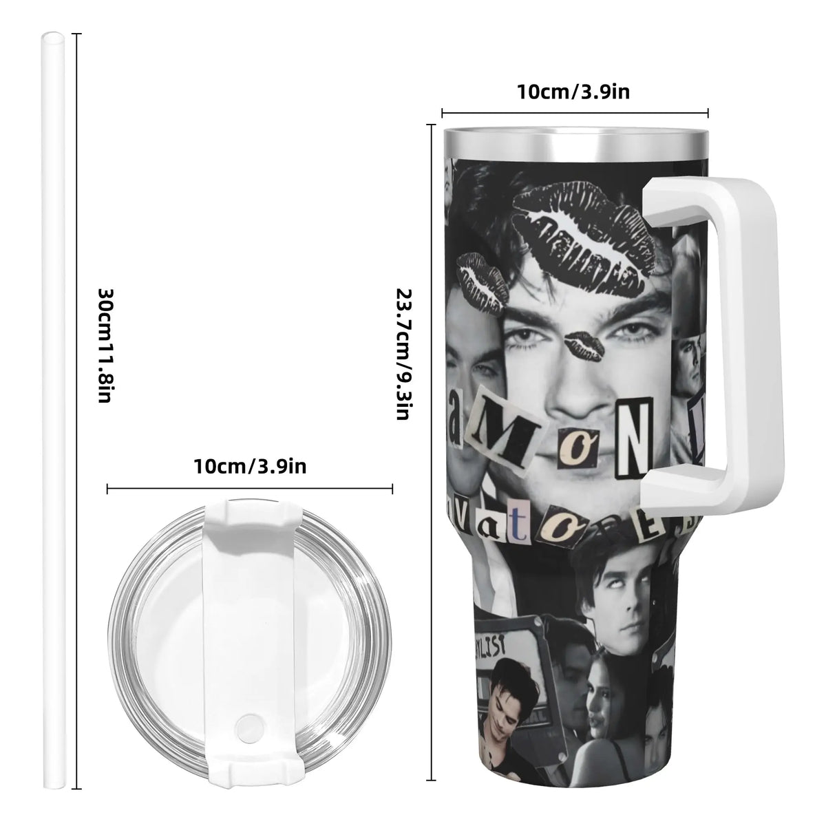 A silver insulated stainless steel tumbler with a white lid and straw, featuring a graphic design on the exterior.