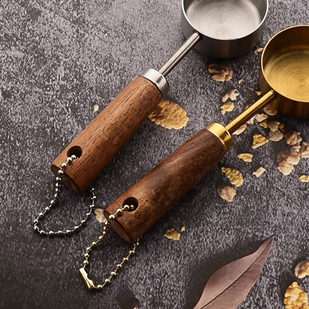 Stainless Steel Measuring Cup and Spoon Set with Wooden Handles