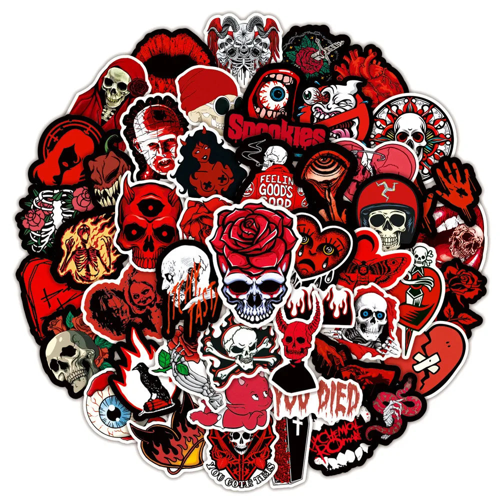 A collection of gothic skull stickers featuring various skulls, roses, and dark imagery on a white background.
