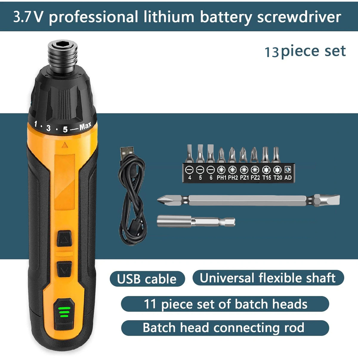 A black and orange 3.7V lithium battery screwdriver with an 13-piece set of bits and a connecting rod.