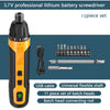 A black and orange 3.7V lithium battery screwdriver with an 13-piece set of bits and a connecting rod.