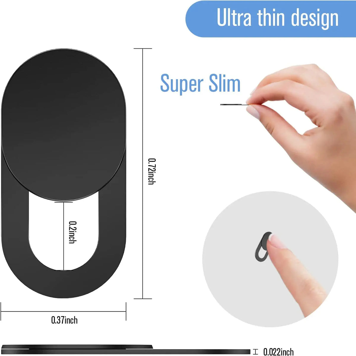A black privacy webcam cover slider is shown with dimensions and a hand demonstrating its ultra thin design.