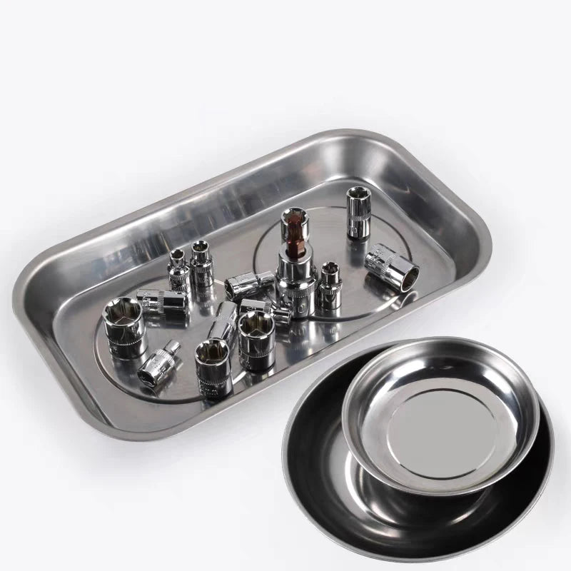 A silver magnetic parts tray with a strong magnet base holding various hardware components.