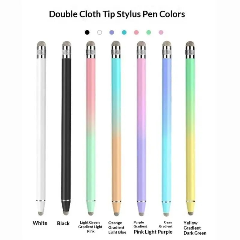 A set of double cloth tip stylus pen colors including white, black, light green, orange, pink, purple, cyan, and yellow gradi
