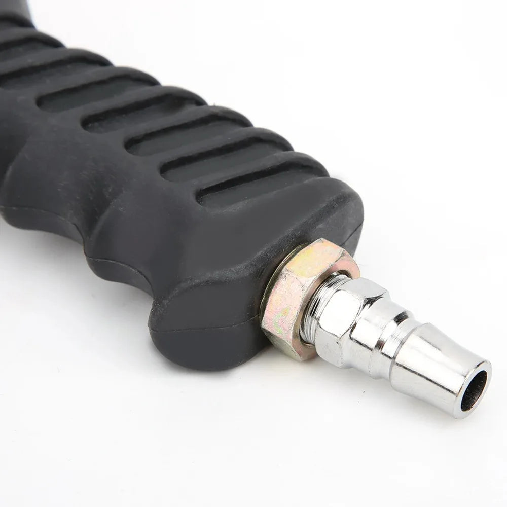 Black handheld pneumatic sandblasting gun with a threaded nozzle and grip.