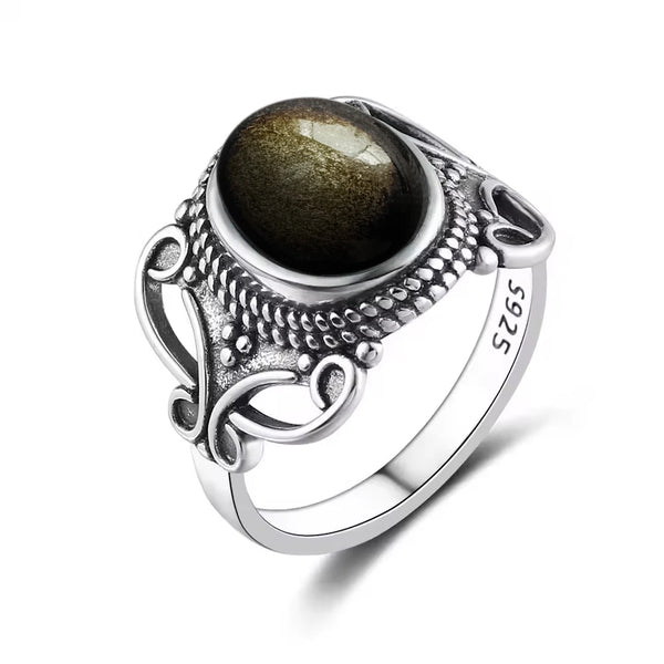 Vintage Sterling Silver Obsidian Ring with Sun and Flower Motif