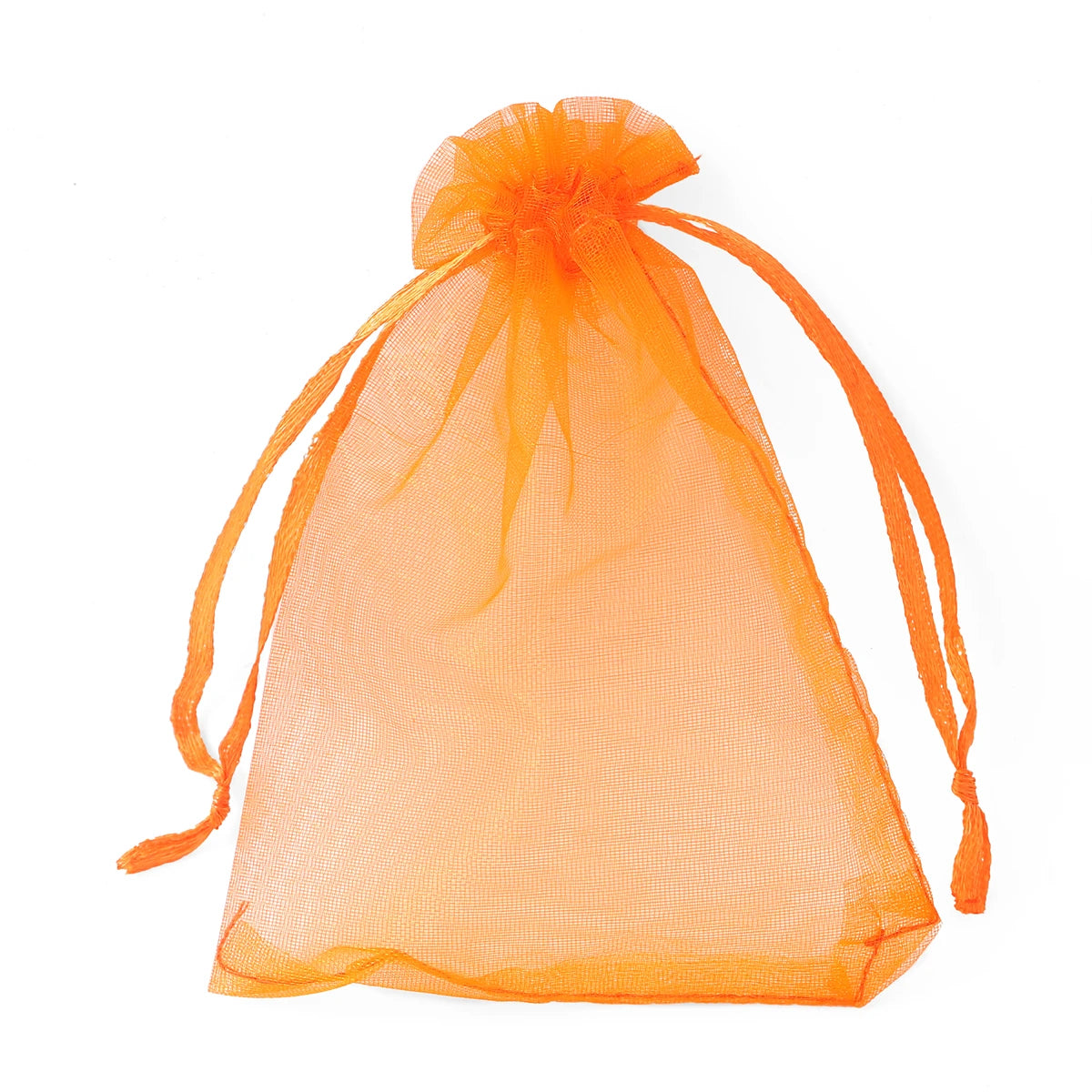 A clear orange organza drawstring gift bag is shown against a white background.