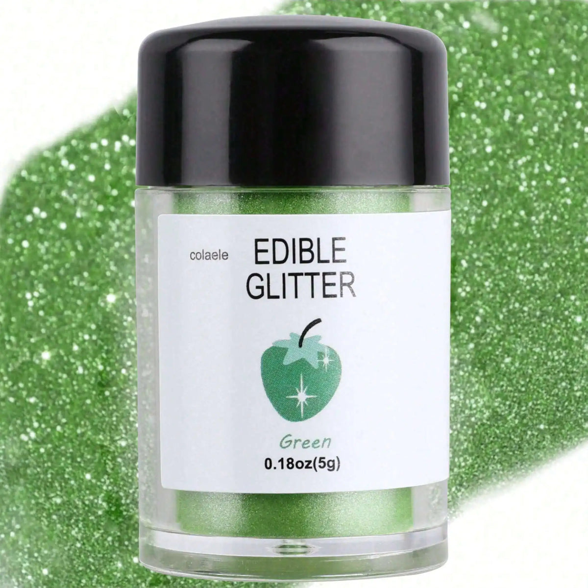 A glass jar of green edible glitter powder labeled Edible Glitter with a green apple illustration on a green background.
