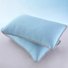 Light blue quilted pillowcase with a gray trim shown from above.