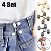 A set of four metal no-sew jeans buttons used for waist adjustments shown on denim fabric and a hand.