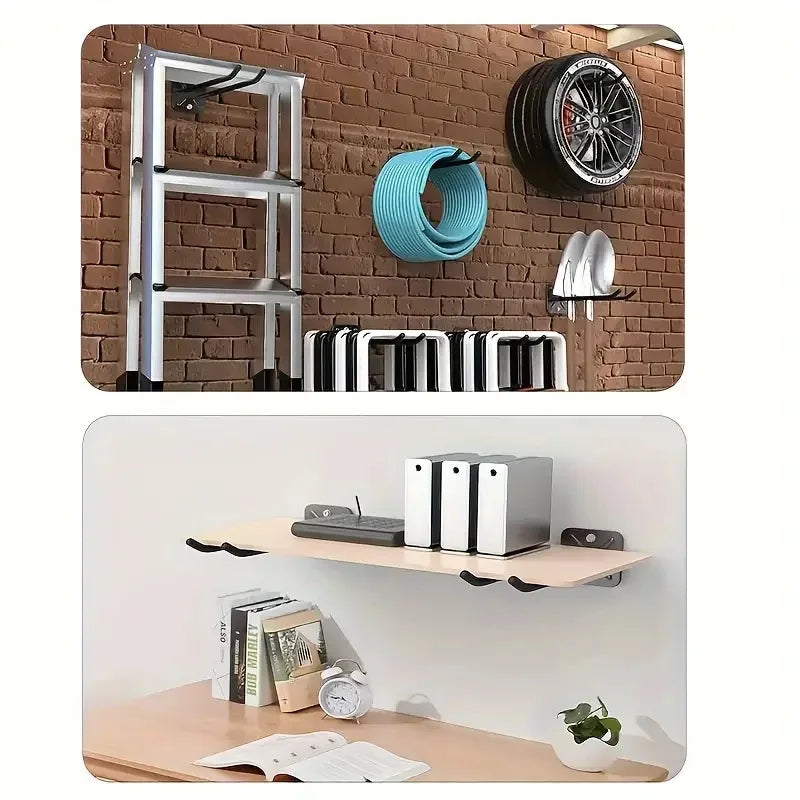 A collection of heavy-duty metal storage hooks and a tire mounted on a brick wall.