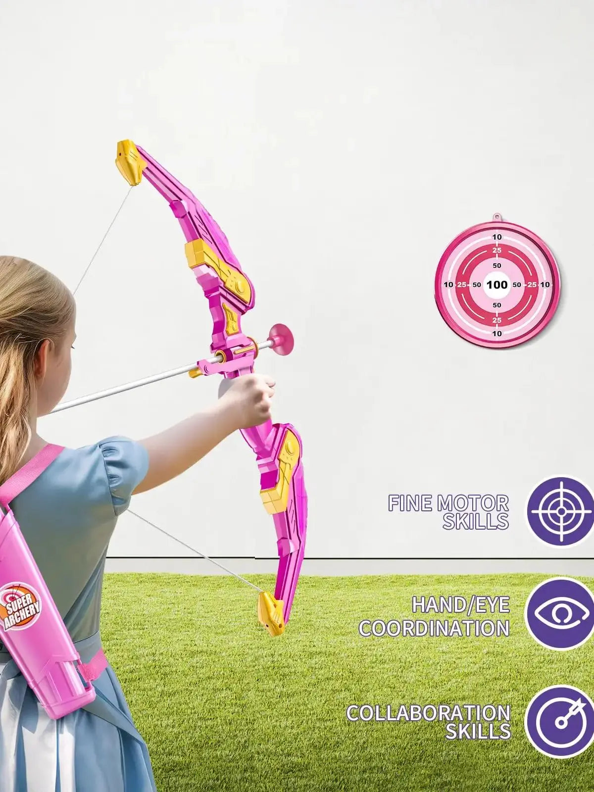 A child is demonstrating a pink and yellow bow and arrow set with suction cups, illustrating fine motor skills and hand-eye c
