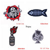 A set of ten embroidered patches featuring various designs including a skull, a fish, and a bottle.