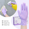 A hand wearing purple nitrile gloves is shown next to a box of disposable purple nitrile gloves.
