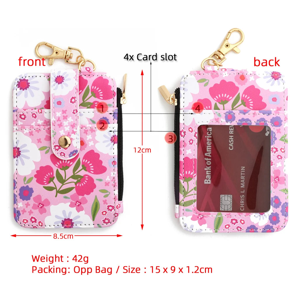 Floral Print PU Leather Wristlet Keychain Wallet with Card Holder